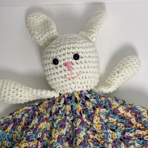 Hand Knit Bunny Lovey Multicolor Skirt Black Button Eyes Pink Nose Mouth - Picture 3 of 12